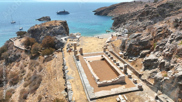 Obraz Aerial drone photo of archaeological seaside site of ancient Karthaia featuring Doric temple of Pythian Apollo, theatre and crystal clear beach of Polles in island of Kea, Aegean Sea, Cyclades, Greece