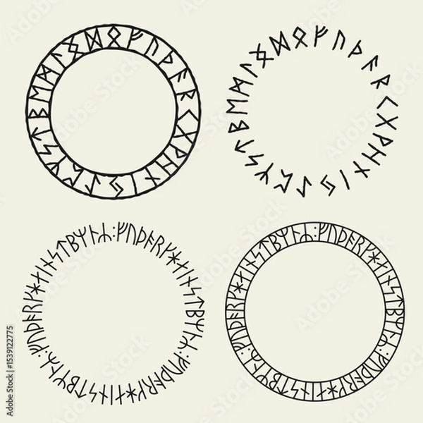 Fototapeta Black and white flat vector illustration of runes arranged in a circular layout. Includes Elder and Younger Futhark symbols from Norse and Danish tradition. Ideal for mythic or historical designs.