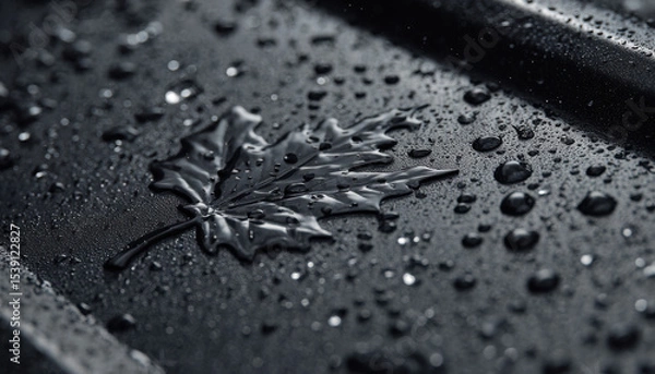 Fototapeta Rain droplets gather on a smooth black surface, highlighting a detailed maple leaf imprint; a moment of tranquility in a rainy setting