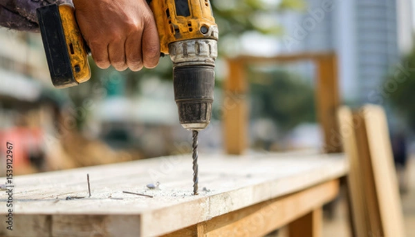 Fototapeta Skilled worker utilizes electric drill to efficiently drive screws into wooden surface at a construction site in a bustling urban environment