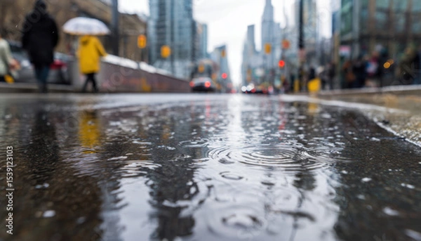 Fototapeta Water splashes from raindrops create ripples in puddles reflecting buildings and streetlights in a bustling city atmosphere