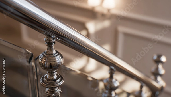 Fototapeta A polished stainless steel handrail glistens under soft lighting, curving gracefully along a modern staircase in an elegant setting