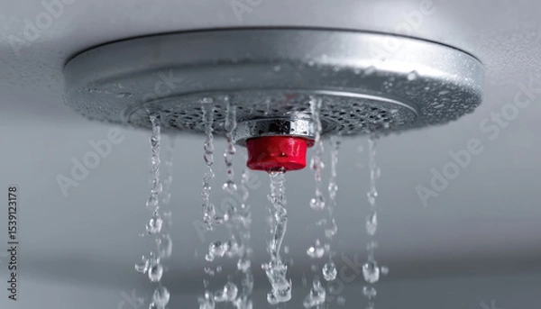 Fototapeta Water is actively cascading from an overhead alarm sprinkler installed in a commercial ceiling as part of fire safety measures