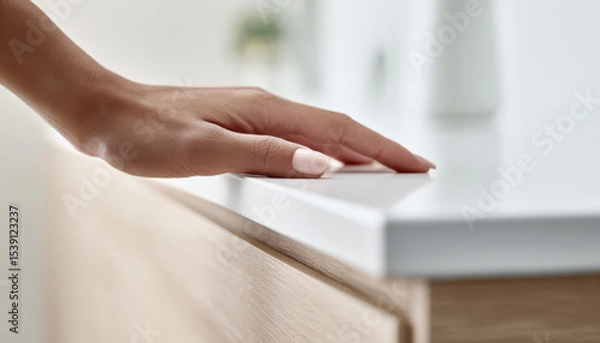 Fototapeta A hand softly touches the edge of a sleek countertop, highlighting attention to design and detail in a modern indoor setting