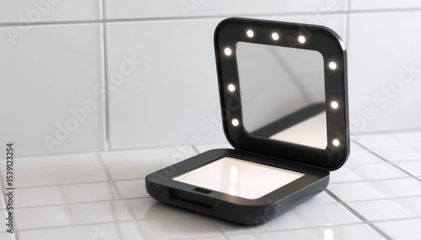 Fototapeta A black compact mirror with LED lights is open on a tiled bathroom counter, providing bright illumination for convenient makeup application