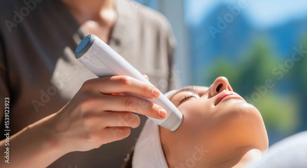 Fototapeta Cosmetologist doing a hardware facial treatment on a woman in a spa salon. Professional procedure for skin rejuvenation and anti aging with a modern device