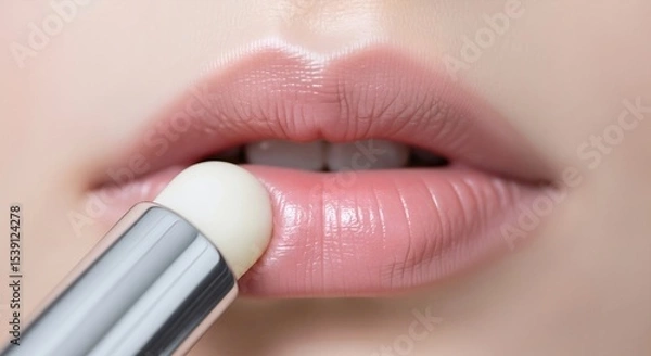 Fototapeta Woman applying hygienic lip balm for moisturizing. Macro shot of a lip care routine. Closeup of a beauty treatment for soft, healthy, and plump lips
