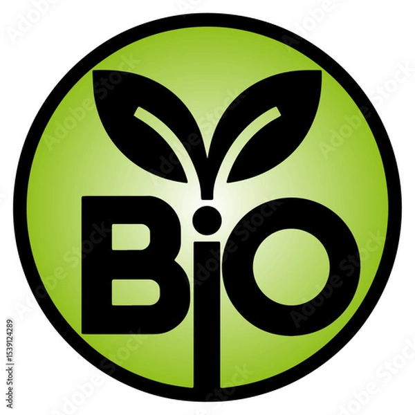 Fototapeta Bio vector logo with leaf, organic vector logo with bio text, circle with bio logo and leaves, simple green bio button.