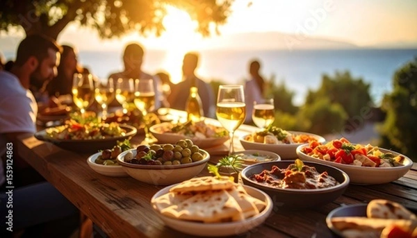 Fototapeta Sunset Dinner Party with Coastal View.
