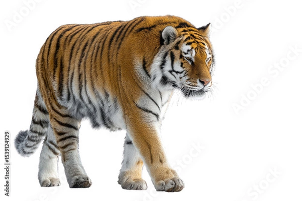 Fototapeta Majestic siberian tiger walking confidently across the frame on a black background