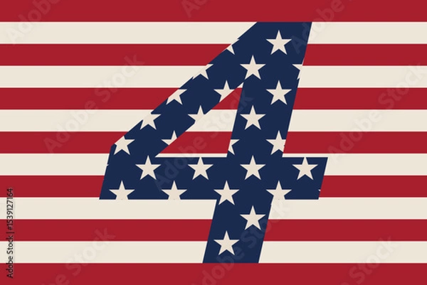 Fototapeta Number 4 with American flag pattern on striped background. Patriotic USA theme. Independence Day celebration. Design for banner, poster, greeting card, invitation, postcard, print