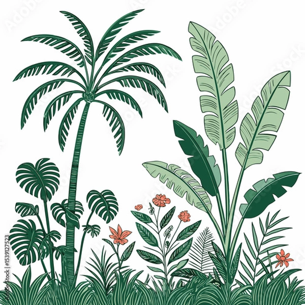 Obraz Tropical vintage botanical palm trees, banana tree, green plants floral seamless border white background. vector	