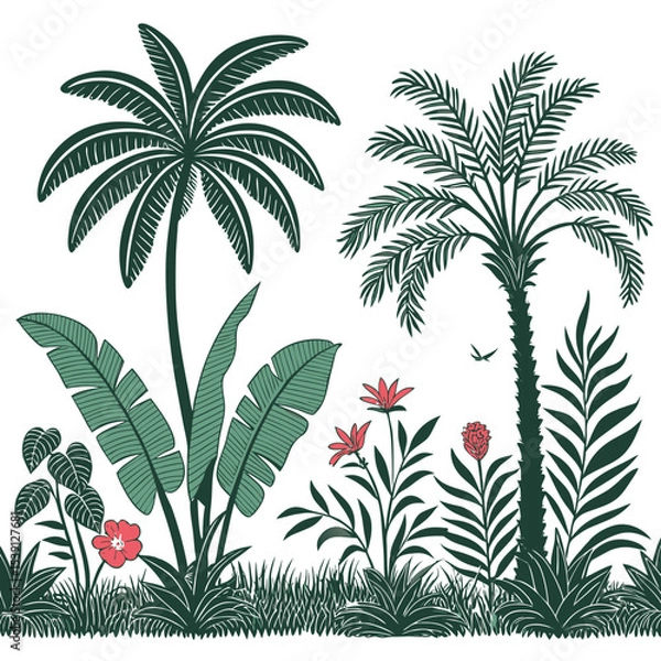 Fototapeta Tropical vintage botanical palm trees, banana tree, green plants floral seamless border white background. vector	