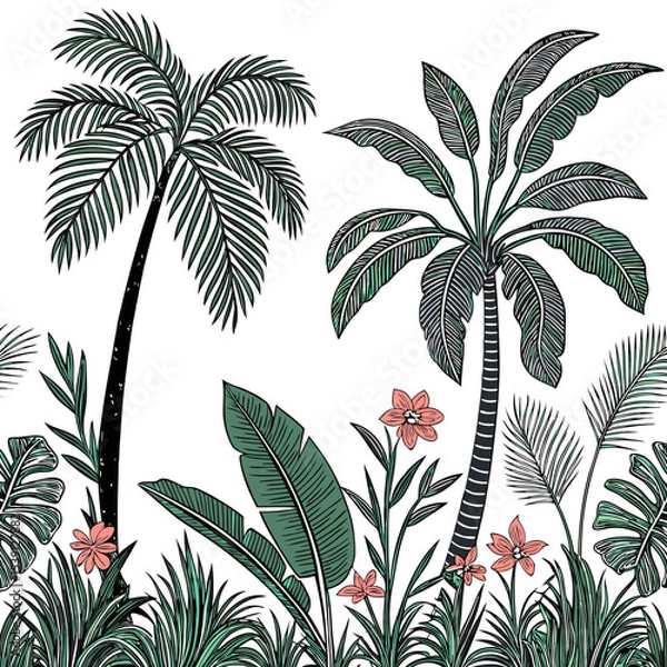 Fototapeta Tropical vintage botanical palm trees, banana tree, green plants floral seamless border white background. vector	