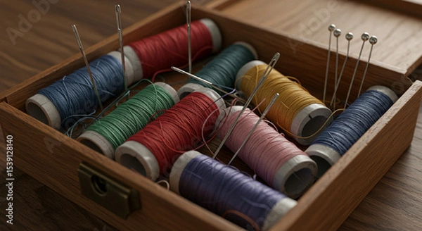 Fototapeta Sewing box with colorful threads, needles and pins on wooden surface