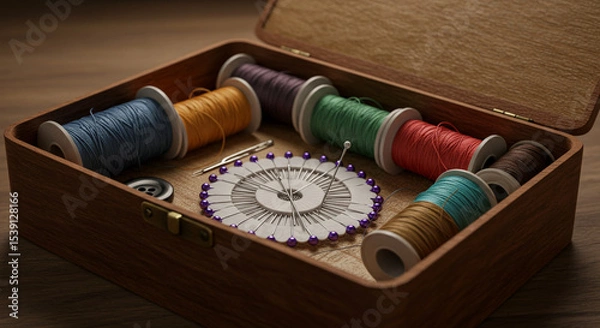 Fototapeta Sewing box with colorful threads, needles and pins on wooden surface