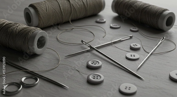 Fototapeta Gray threads, needles and pins on gray surface