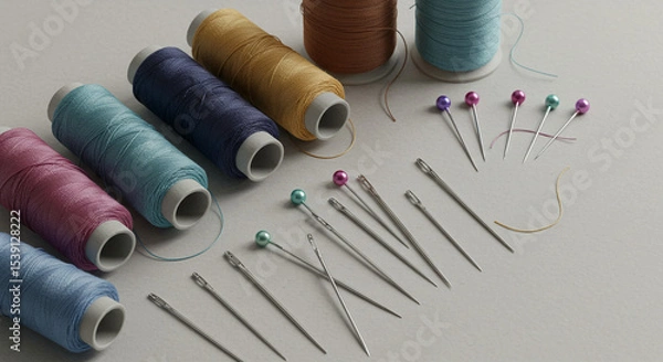 Fototapeta Colored threads, needles and pins on black surface