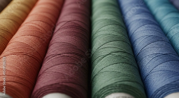 Fototapeta Colorful sewing thread spools aligned on neutral background