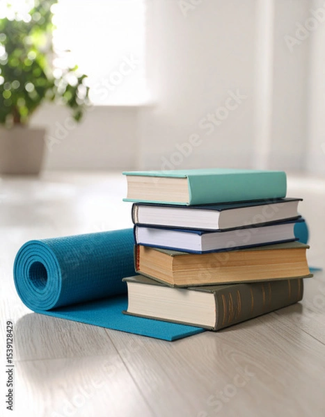 Fototapeta A stack of self-help books and a yoga mat on a polished floor, reflecting millennial wellness and personal growth pursuits.