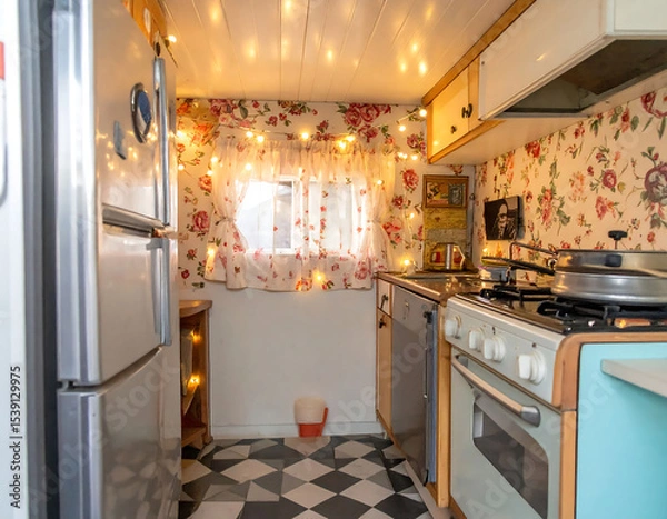 Fototapeta Cozy vintage kitchen interior with floral wallpaper and string lights. Retro appliances and checkered floor create a nostalgic and charming atmosphere. Ideal for home design, travel concepts.