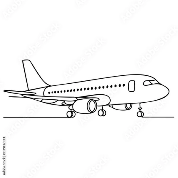Obraz Vector line art of a commercial airplane on runway, black outline travel illustration