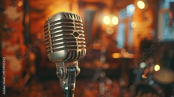 Fototapeta Silver vintage microphone in a recording studio, stage for live music, performance or concert, blurry background with golden lights, entertainment and audio equipment.