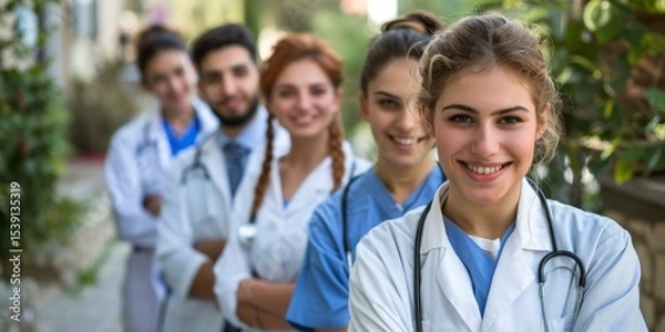 Fototapeta Happy multiethnic group of healthcare workers smiling, diverse team of doctors and nurses standing, wearing medical scrubs and lab coats with stethoscopes, health professionals concept.