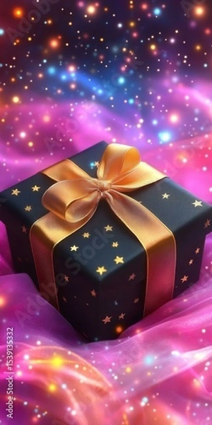 Fototapeta Festive black gift box with golden bow and star pattern, on luminous pink surface with bokeh effects, celebration and gifting