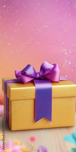 Fototapeta Pretty golden gift box with purple ribbon and bow on wooden surface before pink pastel bokeh background, copy space.