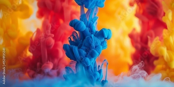 Fototapeta Vivid abstract liquid ink art, bright colorful smoke billows, blue, red, yellow paint pigment explosion, artistic multicoloured splash backdrop, chemical dye reactions, copy space