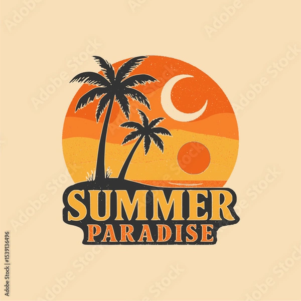 Obraz Retro Summer Paradise T-shirt Design with Palm Trees, Sunset, and Beach
