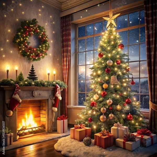 Fototapeta Cozy Indoor Christmas Scene with Decorated Tree, Wrapped Gifts, Fireplace, and Snowfall Through Frosty Window
