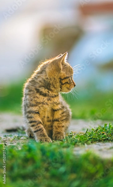 Fototapeta Close-up portrait of a tabby kitten sitting calmly on a sunlit patch of grass