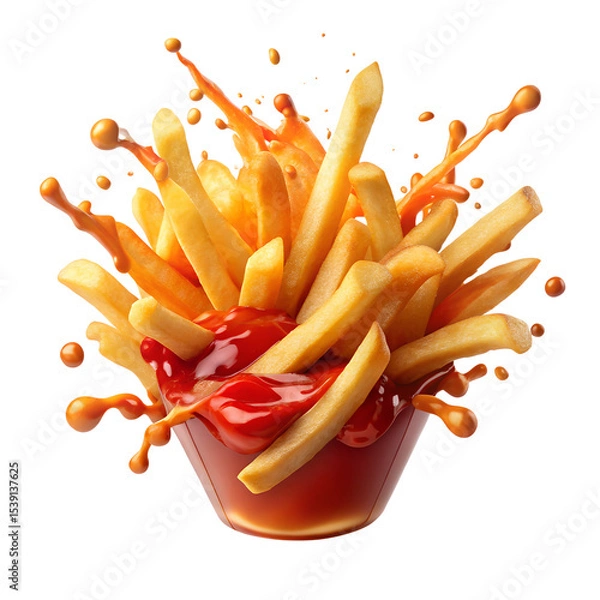 Fototapeta Flying Falling French Fries Splashing with Ketchup Isolated on Transparent White Background

