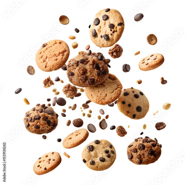 Fototapeta Flying Pile of Cake Crumbs and Chocolate Chip Cookies Isolated on Transparent White Background

