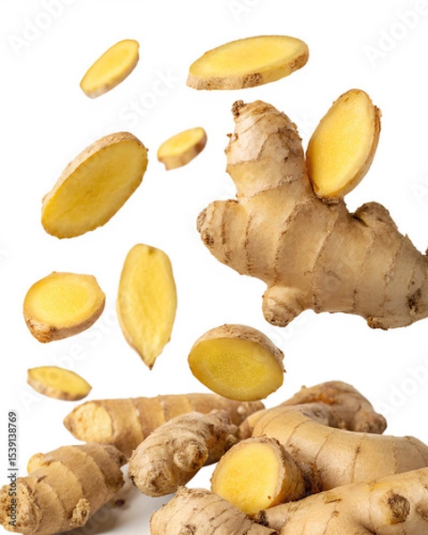 Fototapeta Fresh Ginger Root and Ginger Slices Floating in Milk on White Background

