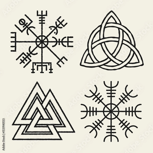 Fototapeta Black and white flat vector set of 4 ancient Norse symbols: Aegishjalmur, Vegvisir, Triquetra, and Valknut. Sacred Viking icons for mythology, spirituality, or tattoo design.