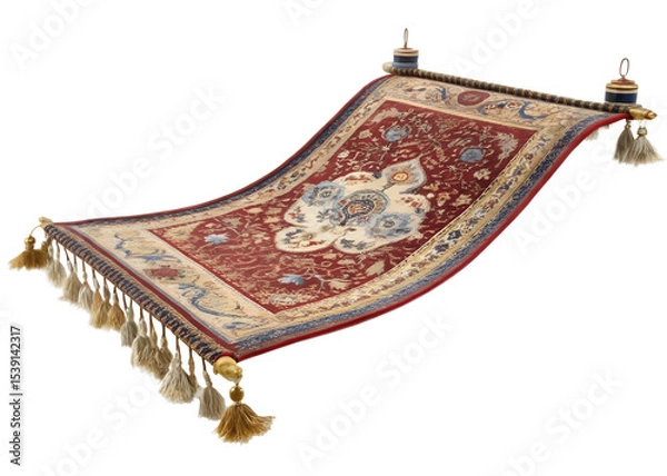 Fototapeta Highly Detailed and Ornate Flying Carpet Floating in Mid-Air Isolated on White Background

