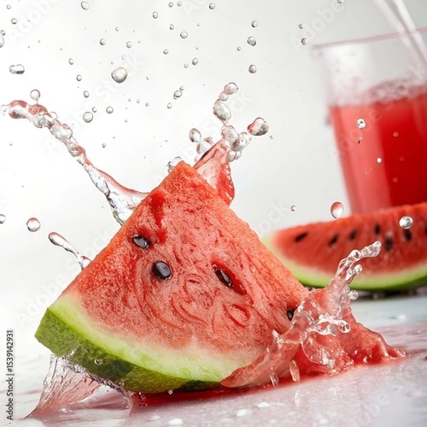 Fototapeta Hyper-Realistic Close-Up of Juicy Red Watermelon Slice with Seeds Isolated on White Background

