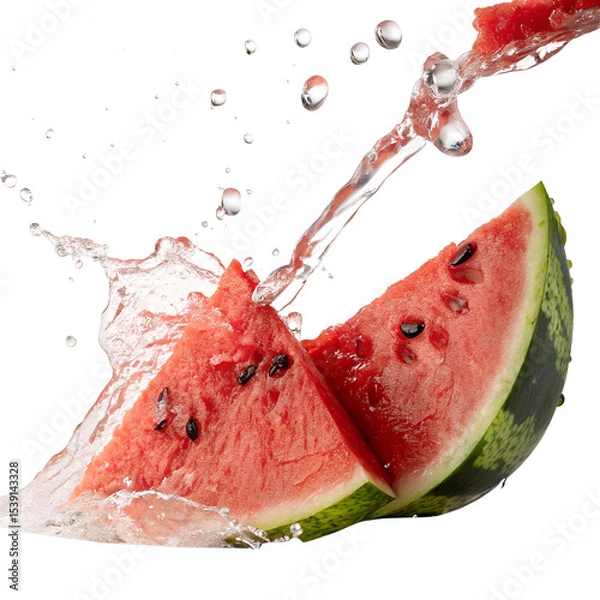 Fototapeta Hyper-Realistic Close-Up of Juicy Red Watermelon Slice with Seeds Isolated on White Background

