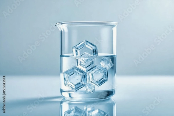 Fototapeta A clear glass beaker filled with water and containing several ice cubes sits on a reflective surface, creating a cool, scientific aesthetic.