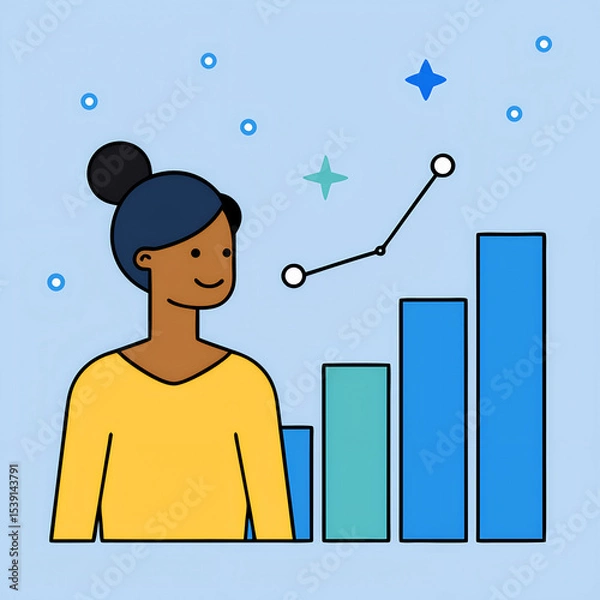 Fototapeta Minimalist Vector Illustration of Woman Analyzing Rising Bar Graph in Modern Business Concept

