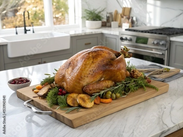 Fototapeta Perfectly Roasted Whole Thanksgiving Turkey Resting on Platter with Garnishes Isolated on White Background

