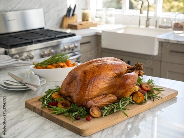 Fototapeta Perfectly Roasted Whole Thanksgiving Turkey Resting on Platter with Garnishes Isolated on White Background

