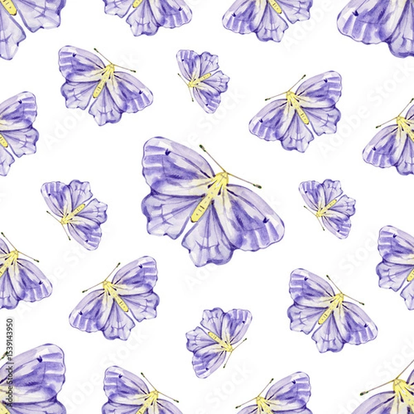 Fototapeta Seamless pattern with watercolor blue butterfly, violet moth for print