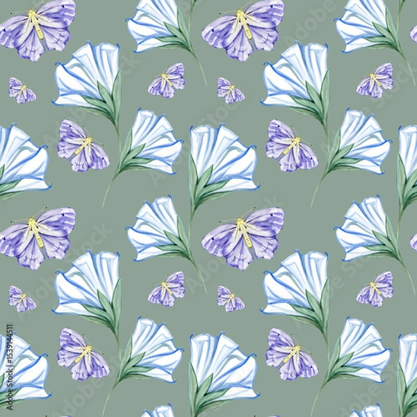 Fototapeta Seamless pattern watercolor moon flowers leaves moth night butterfly hand drawn illustration. Painted floral elements. Botanical natural objects. Fabric, print.
