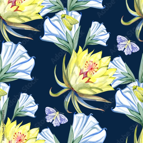 Fototapeta Beautiful flowers and botanical garden night with moon shine and butterflies seamless pattern design for fashion ,fabric,wallpaper and all prints