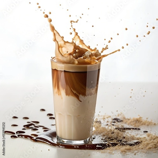 Fototapeta Photorealistic Coffee Splash in Transparent Glass with Creamy Swirls and Droplets on White Background