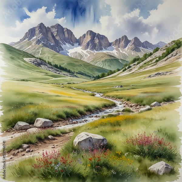 Fototapeta Watercolor of the Gran Sasso National Park in Italy during spring, showing vibrant meadows with wildflowers and patches of melting snow along rocky slopes.